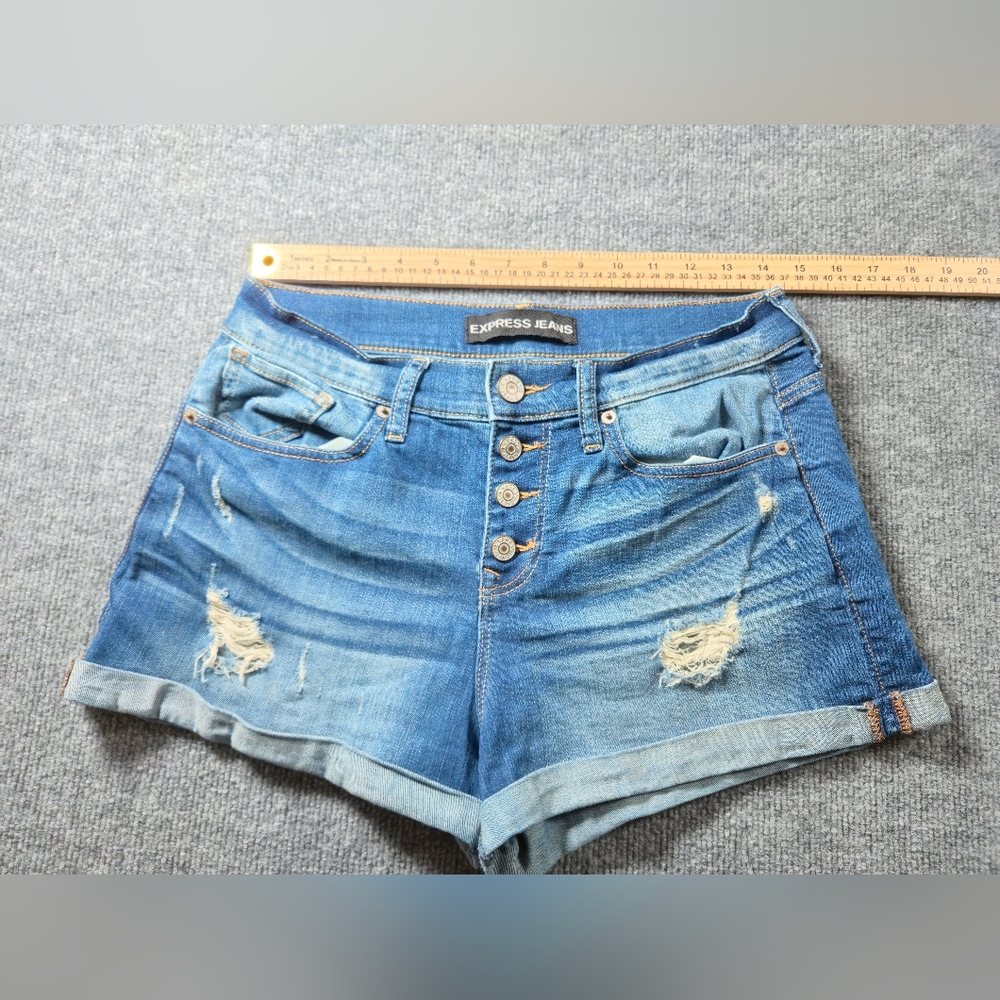 Express Jeans Shorts Womens Sz 8 Distressed Cuffed Hem Button Fly Denim - Picture 10 of 10